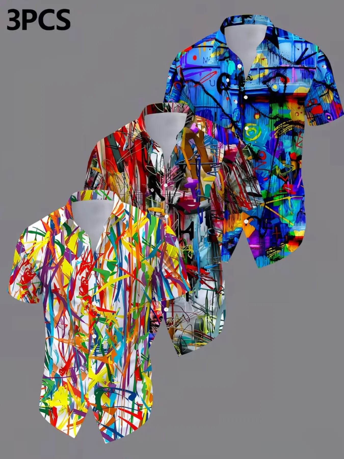 3-Pack Men's Casual Hawaiian Tropical Style Shirts, Summer Beach Short Sleeve Tops, Fitted All-Over Print, H-Type Silhouette, Washed Design