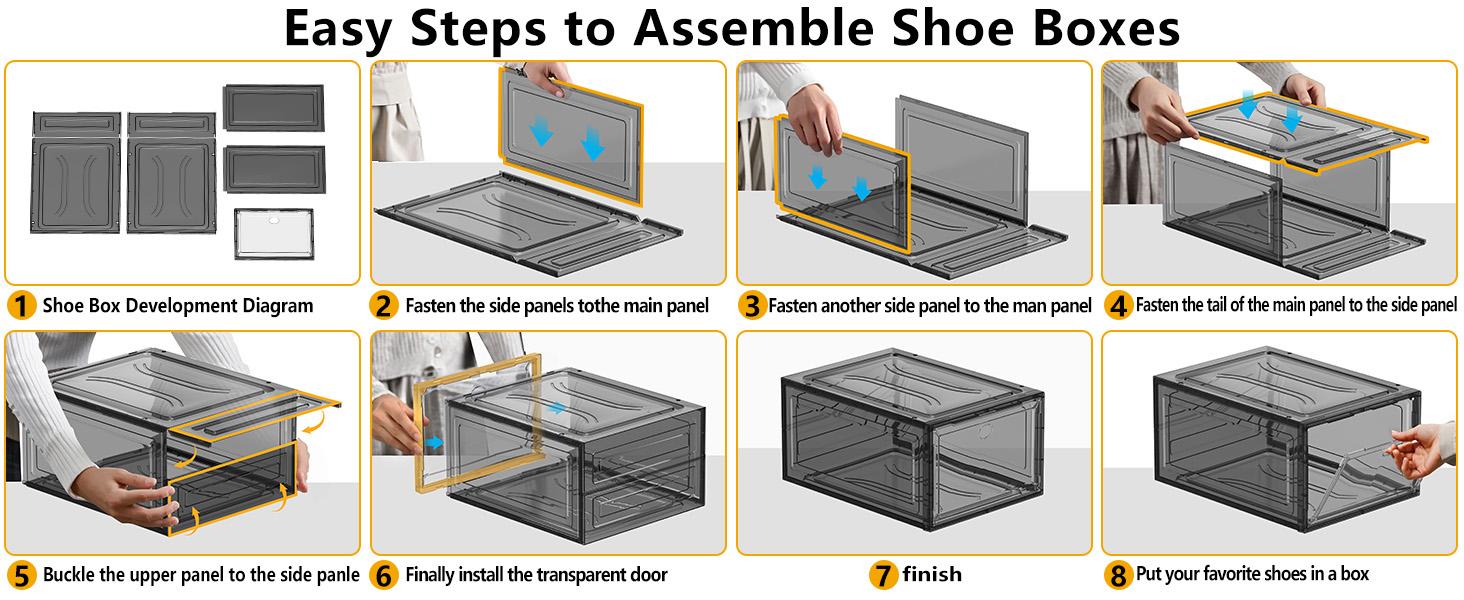 7 code Thicken & Sturdy Clear Shoe Storage Organizer with Magnetic Door, Stackable Boxes for Closet, Foldable Shoe Rack for Sneaker Boot Container, Plastic Shoe Cabinet Shoe Box 6 Pack, Black