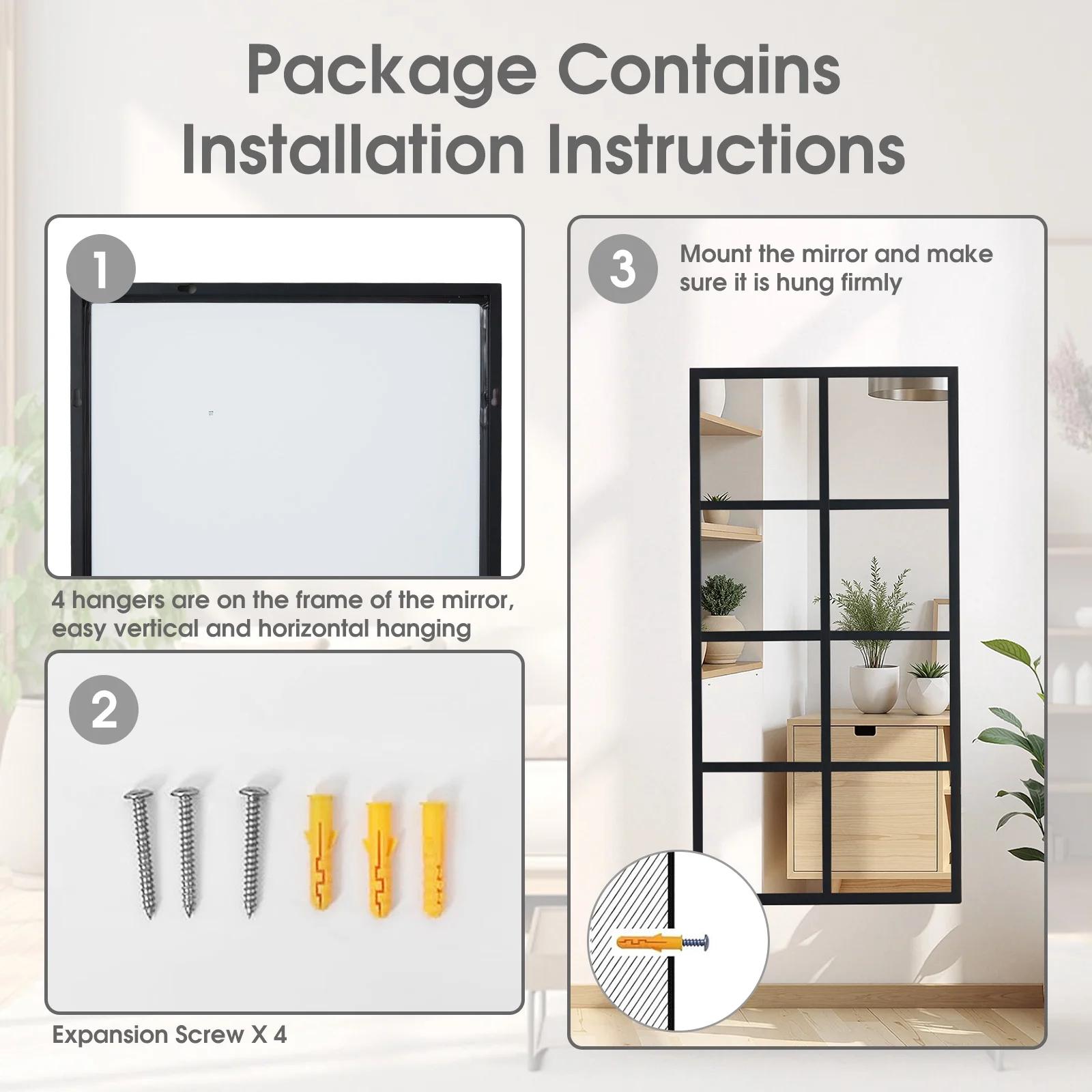 Rectangular Window Pane Decorative Wall Mirror with Black Metal Grid Frame, Modern Geometric Style Mirror for Living Room Bedroom Entryway, Stylish Home Decor Accent with Unique Grid Pattern and Sleek Black Finish