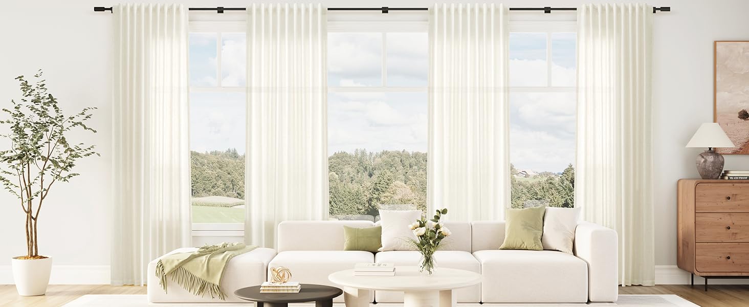 Warm Beige Linen Curtains 84 Inches Long Back Tab for Living Room 2 Panels Modern Farmhouse Set Hook Belt Linen Curtain Sheer Light Filtering Privacy Elegant Window Drapes for Dining Room 52x84