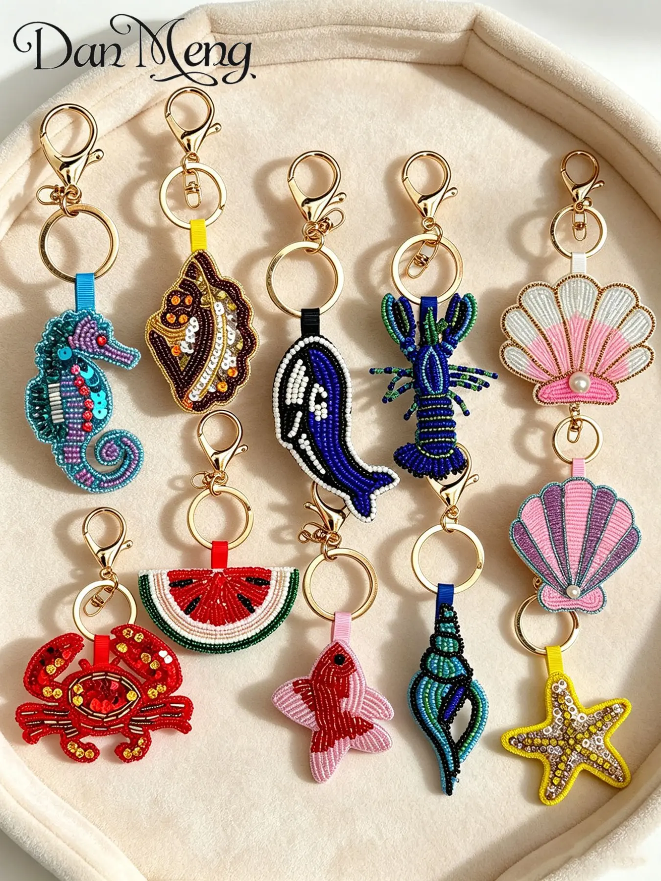 Summer Ocean Style Beaded Bag Charm, Seahorse Lobster Shell Starfish Handmade Bead Keychain, All Season Decorative Pendant, Beach Keychain