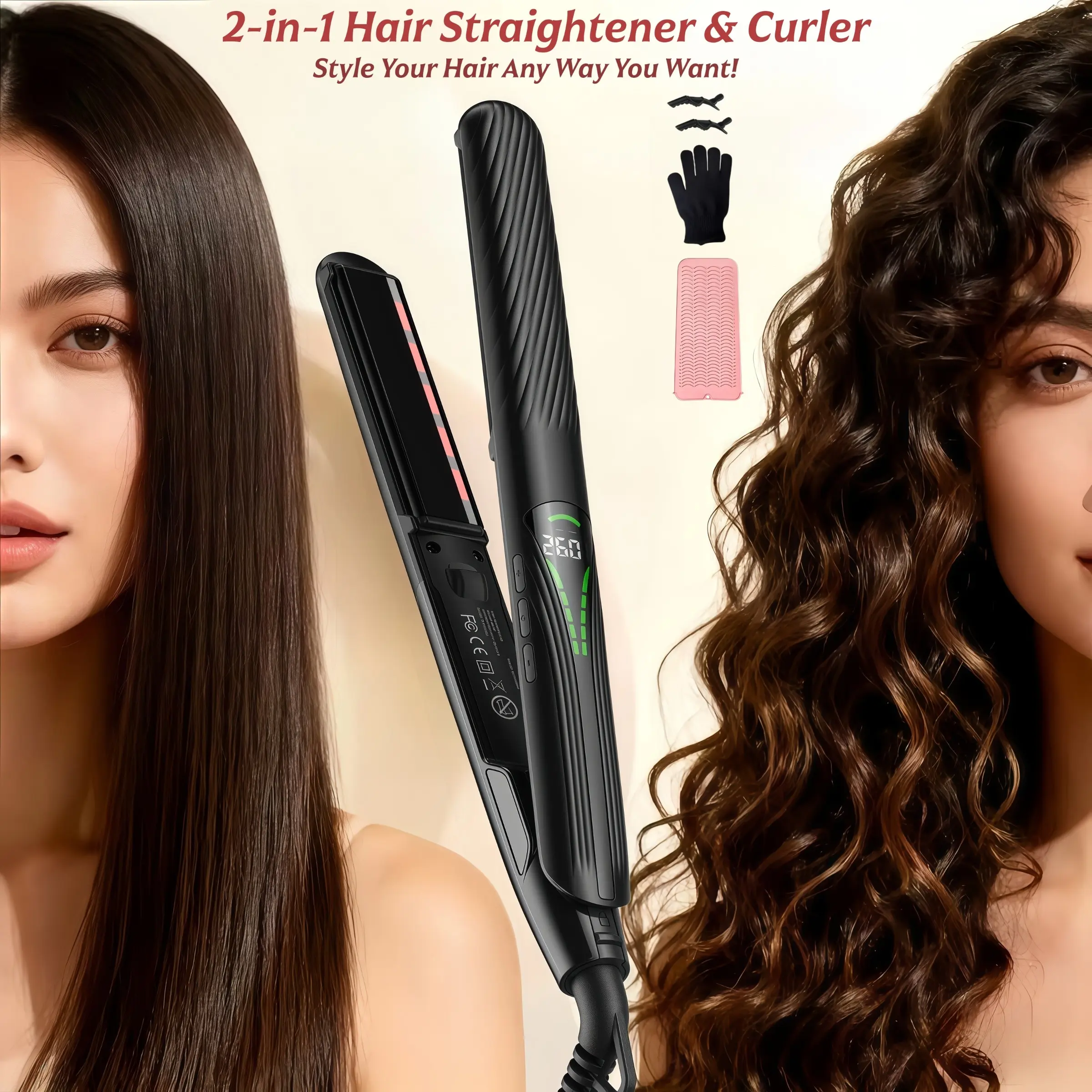 High-Quality Professional 2-In-1 Hair Straightener and Curler, Hair Styling Tools, Infrared Hair Care, Digital Display, Smart Temperature Control, 62w Power