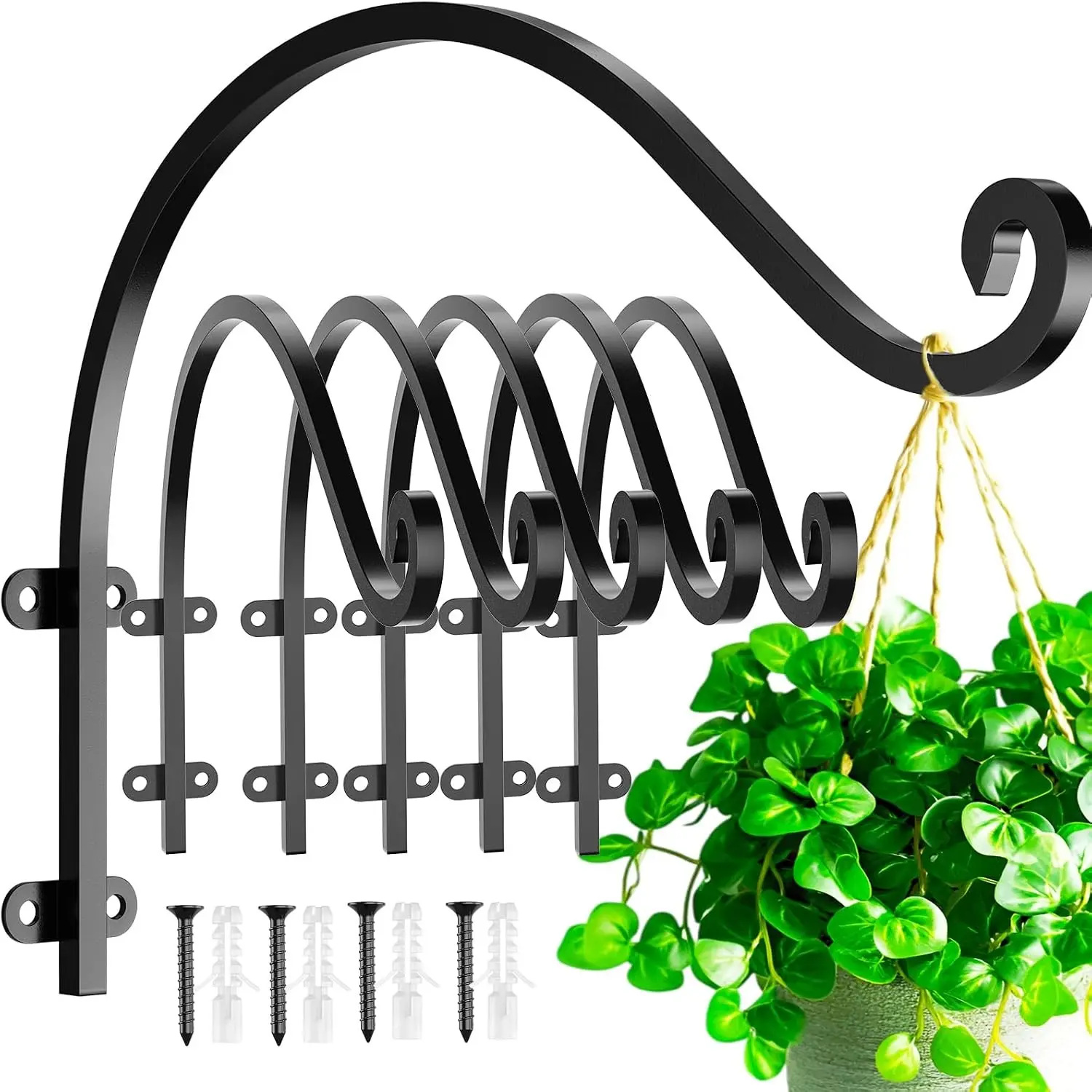 6 Pack Heavy Duty Plant Hanger Bracket, 16Inch Hanging Brackets for Plants Outdoor and Indoor, 80lbs Holding Capacity Metal Plant Wall Hooks, Black Hanging Plant Brackets for Flower Wind Bird Feeder