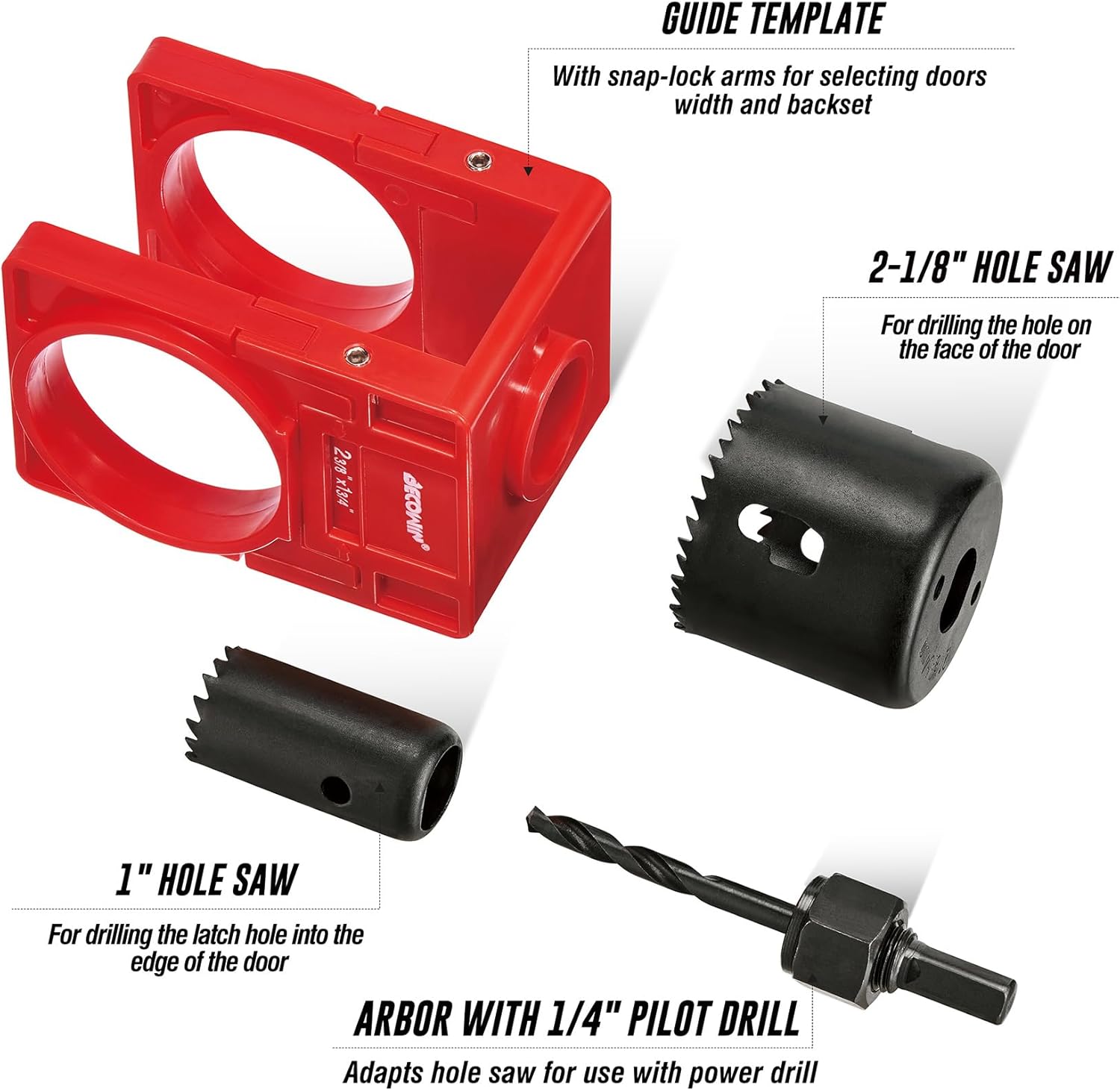 Door Lock Installation Kit: /8" - /4" Deadbolt Door Lock Installation Set with Adjustable Guide Template - Door Lock Hole  Kit ldeal for Wooden Doors Knob Installing, Red