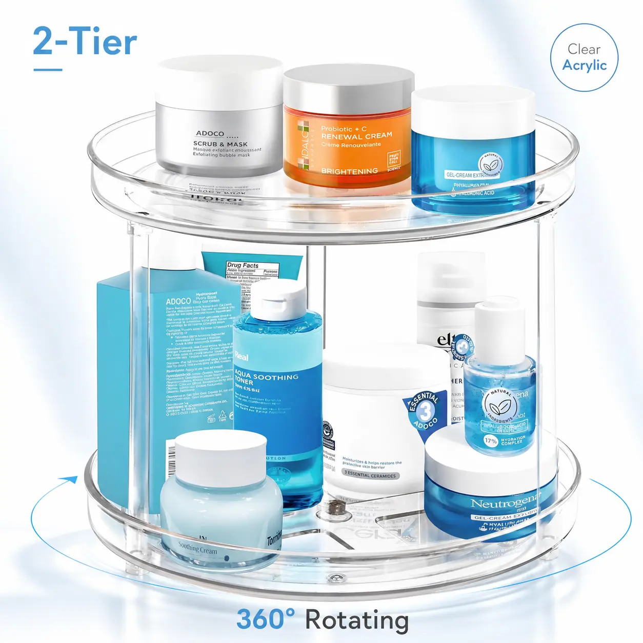 2-Tier Clear Lazy Susan Organizer, 9.25-Inch 360° Rotating Makeup, Skincare and Perfume Storage for Bathroom Vanity or Cabinet, Spice Rack and Home Organization