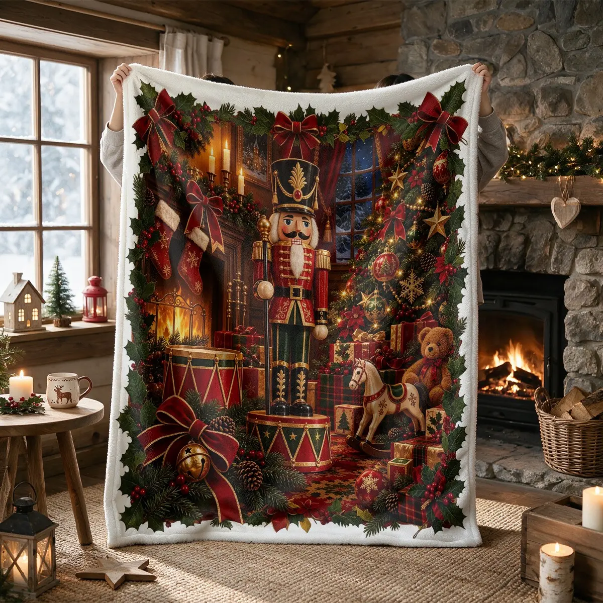 Vintage Christmas Nutcracker Fireplace Scene Print Flannel Blanket, Couch throw blanket, soft warm lightweight, all season, machine washable, suitable for sofa throw travel camping blanket, autumn winter home decor, ideal gift for Christmas Halloween