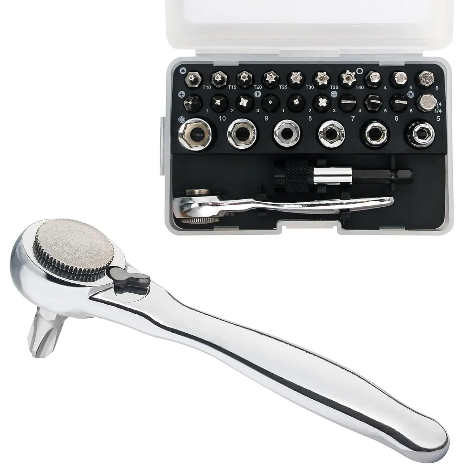 1/4 Mini Ratchet Set with Right Angle  and Bit, 28 count | 28 in 1 Durable and Portable Ratchet Set, 72  Small Ratcheting Wrench, Low Profile Stubby Ratchet for Tight Spaces