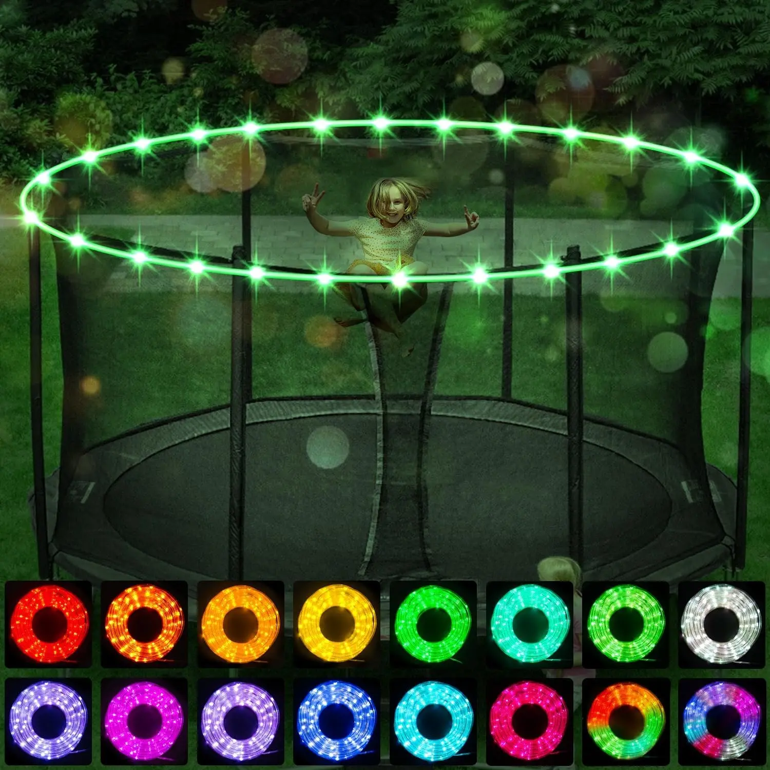 Trampoline LED Lights Fit for 16Ft 14Ft 12Ft 10Ft Trampoline, Jump Control 16 Color Change, Waterproof Battery Case Powered Trampoline Lights