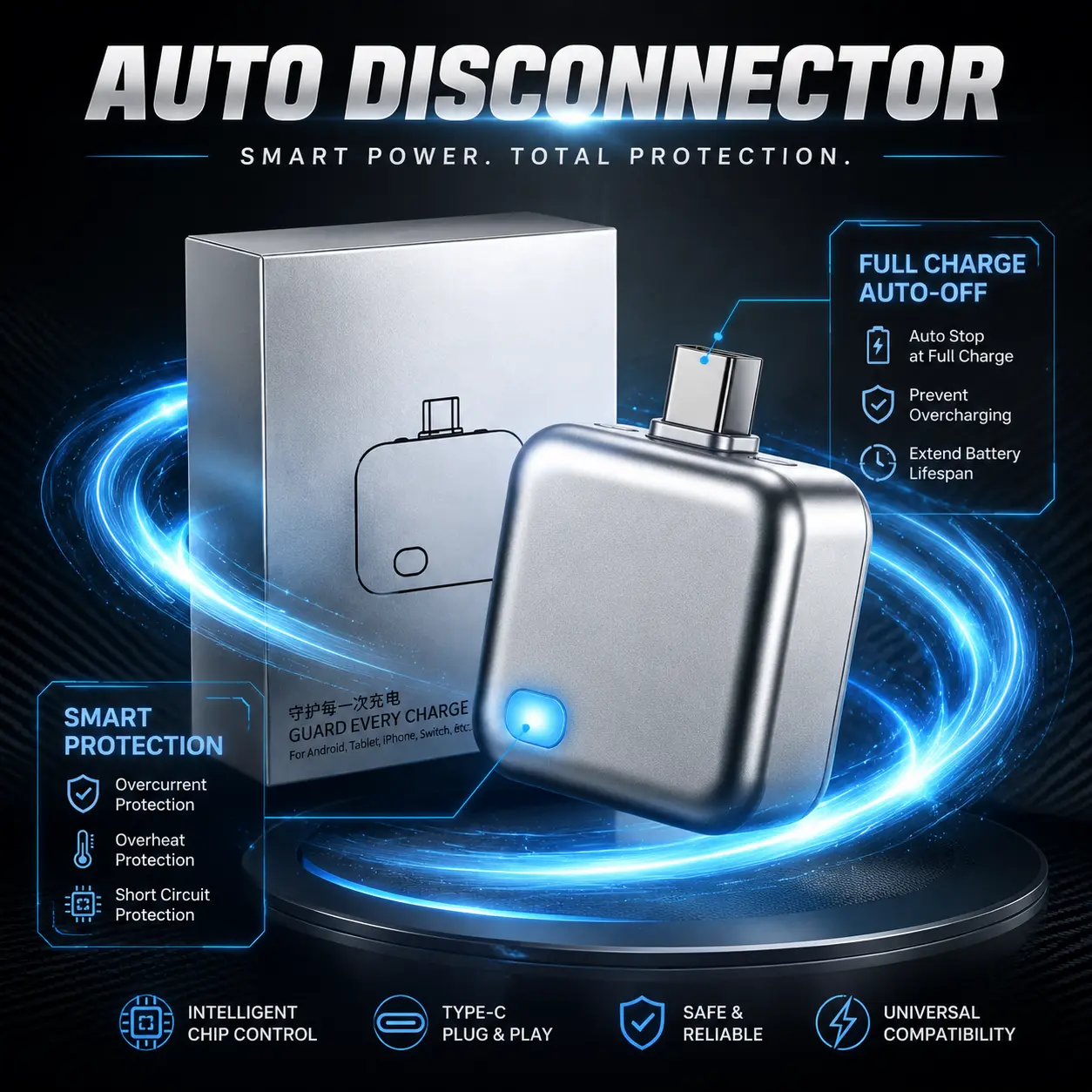 Auto Disconnect Type-C Charging Protector 140W Fast Charge Overcharge Protection Device, Automatic Pop Out When Fully Charged, Battery Saver Charging Stopper for iPhone and Android Tablets, Available in Multi-Pack Options