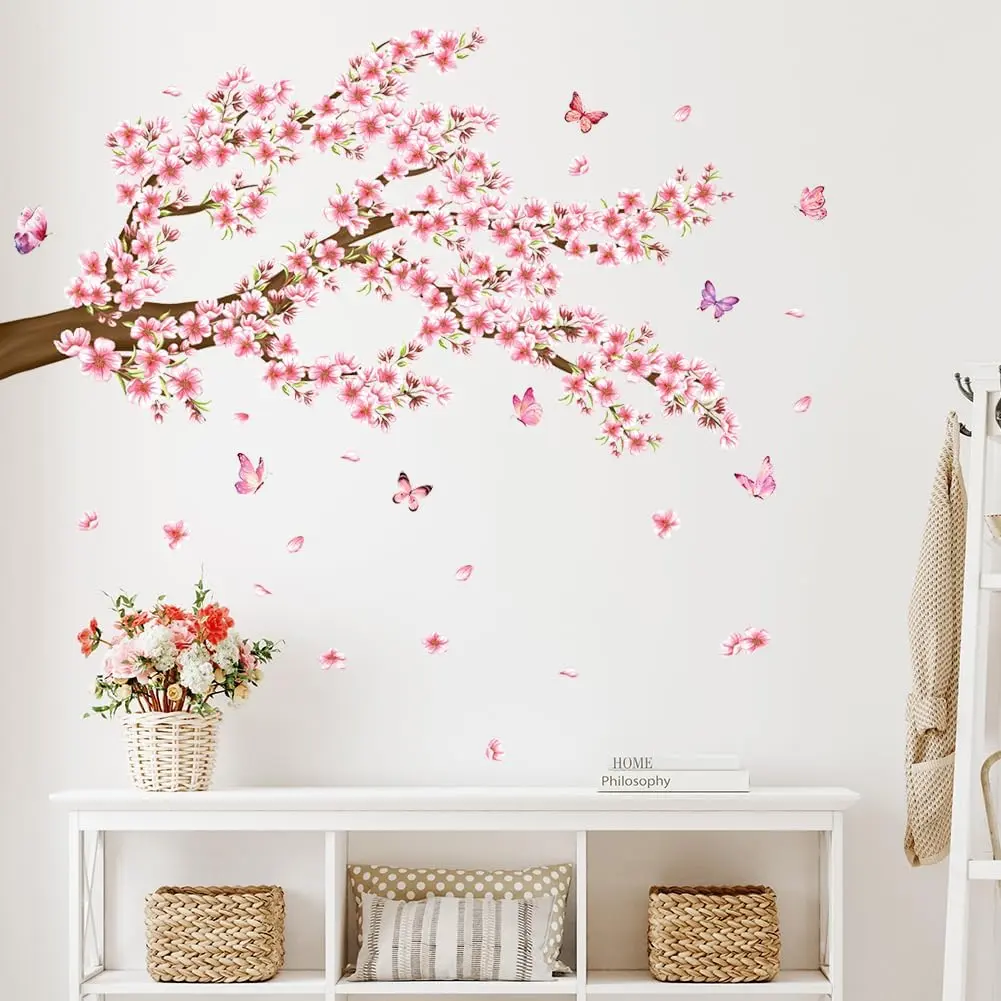 Floral Wall Decal Cherry Blossom Wall Stickers Spring Flower Butterfly Room Decor Peel and Stick  Tree Branch Wall Sticker for Bedroom