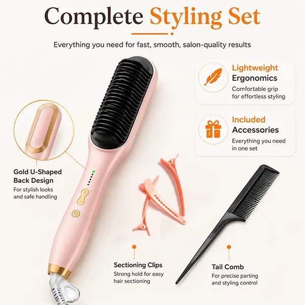 2 in 1 Hair Styler Hair Straightening Brush for Women, Hair Straightener Brush with Adjustable Temperature, Fast Heating Hot Brush for Thick Curly Wavy Hair, Anti Frizz Hair Styling Tool, Ceramic Hair Brush for Smooth Straight Hair Straighten & Curl