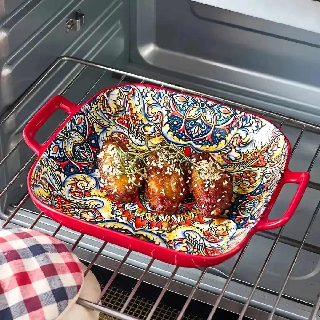 🥗 Boho Ceramic Square Serving Plate ｜ Microwave Safe Pasta & Salad Dish with Handles for Home Kitchen, 1 Pc, Serving Platter