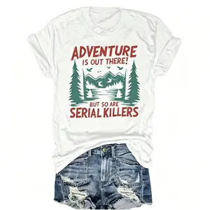 Women's Casual Short Sleeve T-Shirt - "Adventure Is Out There!" Mountain Lakes Graphic Print, Round Neck Summer,Machine Washable Outdoor Enthusiast Apparel, Everyday Comfort, Relaxed Fit