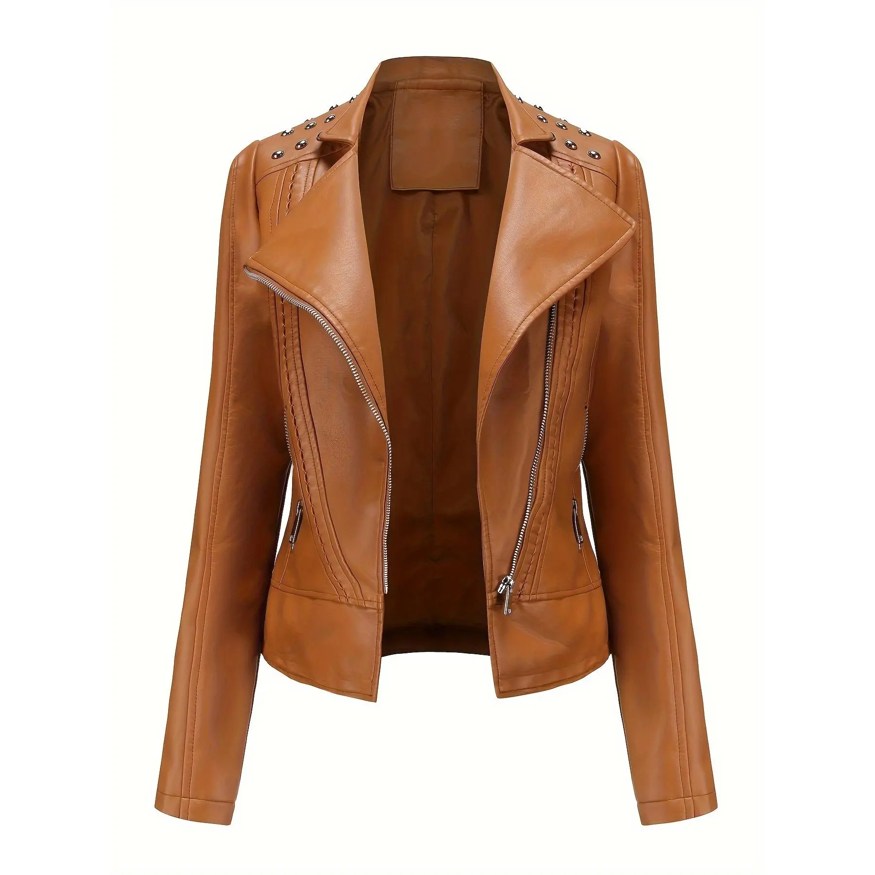 PU Leather Biker Jacket for Women, Short Long Sleeve Zip-Up Outerwear for Casual & Outdoor Activities, Jackets, Fitted, Basic, Clothes