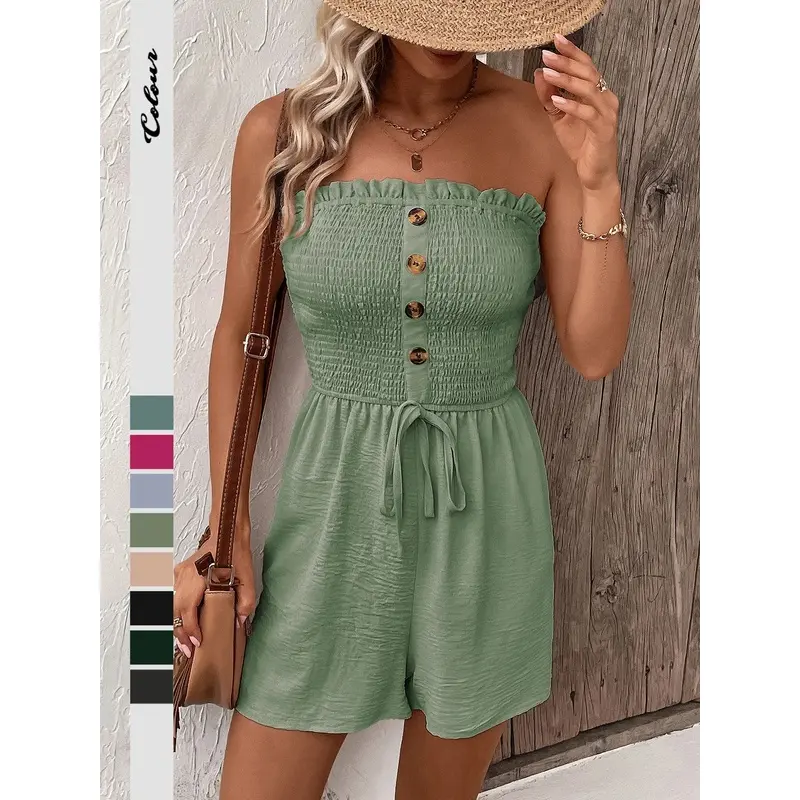 Women's Plain Ruched Shirred Tie Front Bandeau Sleeveless Fitted Chic Romper with Frill Trim, Boho Strapless-Waisted Romper, Fashion Casual Women's Romper Daily Wear, Comfy Casual Romper Womenswear Lady