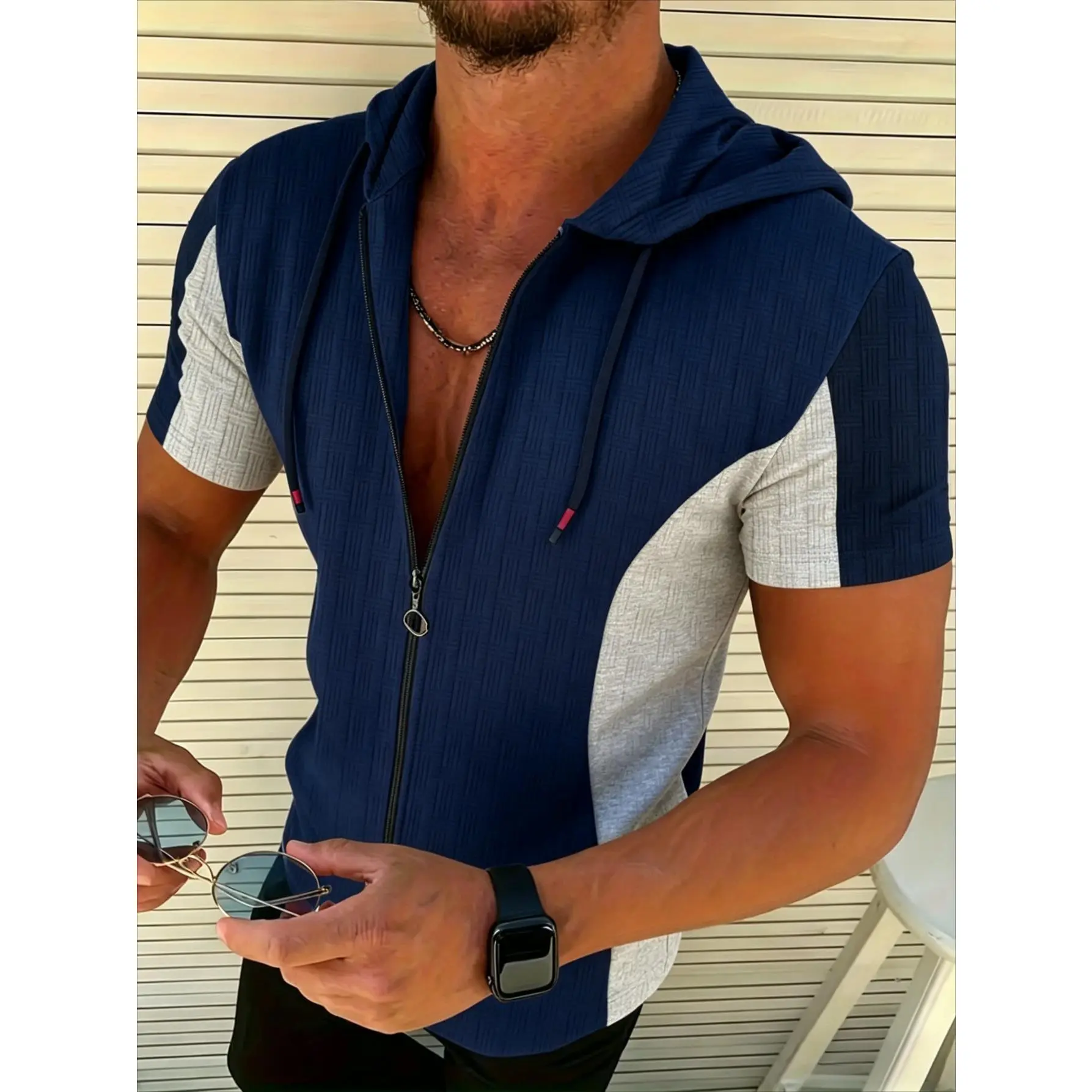 Men's color-block short-sleeve hooded T-shirt, full-zip drawstring hoodie spliced casual sports summer top