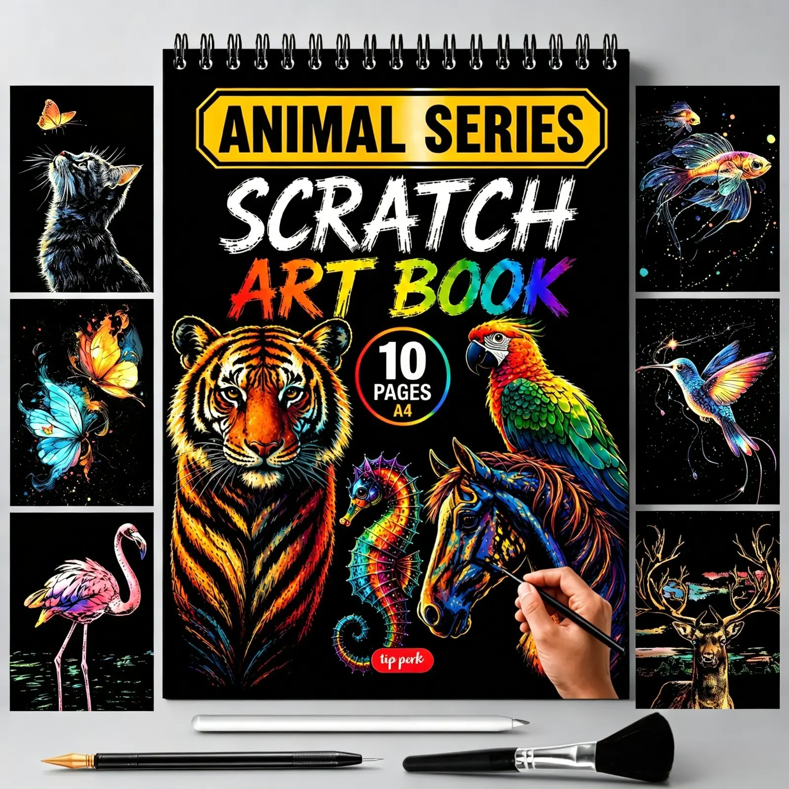 Animals Scratch Art Book for Adults, Colorful Animal Series Foil Engraving Scratch Art, 10 A4 Page Designs, DIY Art & Craft Activity, Creative Relaxation Gift for Adults