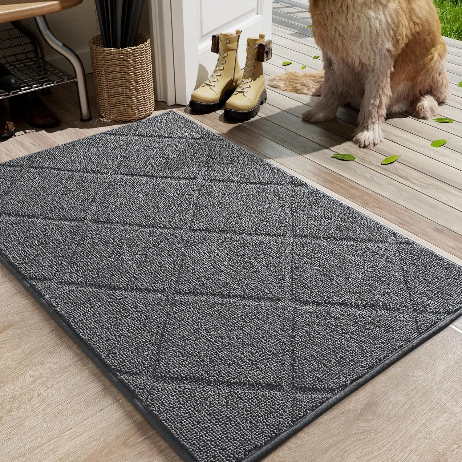 Grey Indoor Door Mat 20x32 Inch, Backing, Washable Absorbent Doormat, Low-, Non Slip Microfiber Entrance Mat, Quick Dry Resist Dirt Front Welcome Mats for Entryway Home