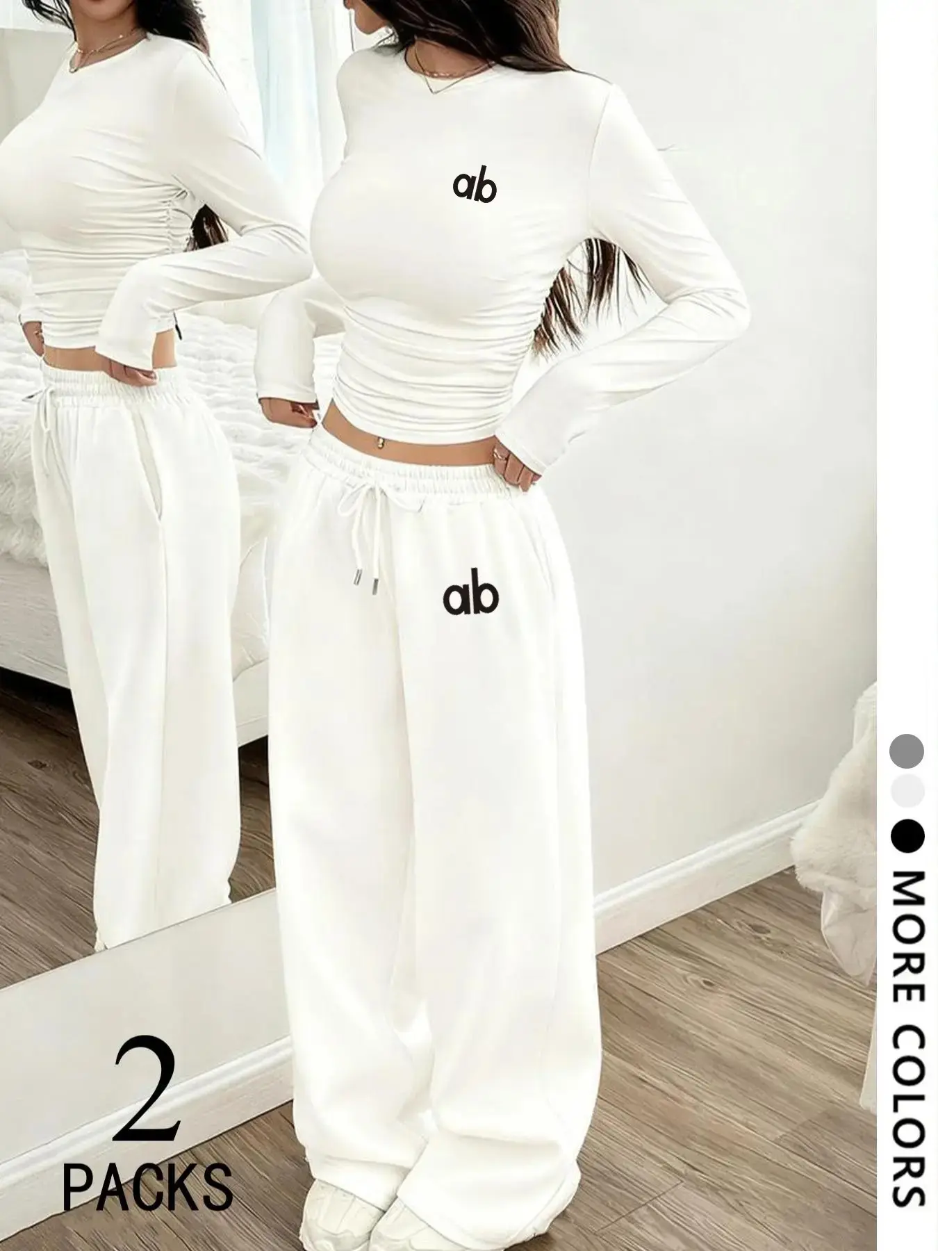 Women's Spring & Fall Elastic Waist Drawstring Wide Leg Pants Set, Adjustable, Graphic Print, Sexy Style, Casual Daily Wear, Outerwear Friendly