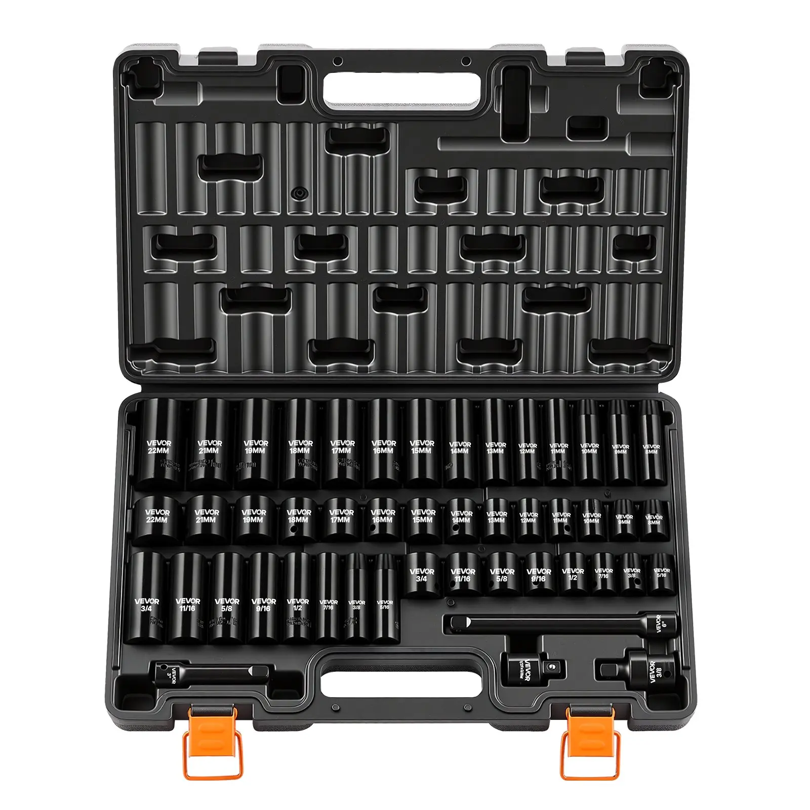 【Summerfinds】VEVOR 3/8" Hexagonal Drive Impact Socket Set, 48-Piece Cr-V Steel 6-Point SAE/Metric Mix (5/16"-3/4", 8-19 mm, 21-22 mm), HRC42-48 Hardness, Black Phosphating, High Torque, Laser Etched Marks, Extension Bar, Adapter, Storage & Transport Cage