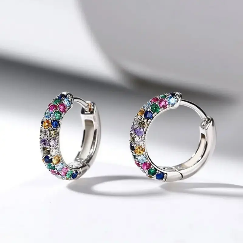 Colorful Zircon Hoop Earrings for Women, Minimalist Dainty Ear Buckles with Secure Clasp, Comfortable Daily Wear Jewelry Gift, Accessories for Women