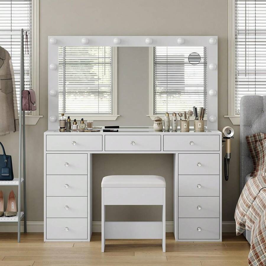 Vanity Desk with Illuminated Mirror & Power Outlet, Makeup Vanity Table with 12 LED Lights, 11 Drawers & Tempered Glass Top, Dressing Table with Chair for Bedroom & Dressing Room, Modern Vanity Set for Women Girls