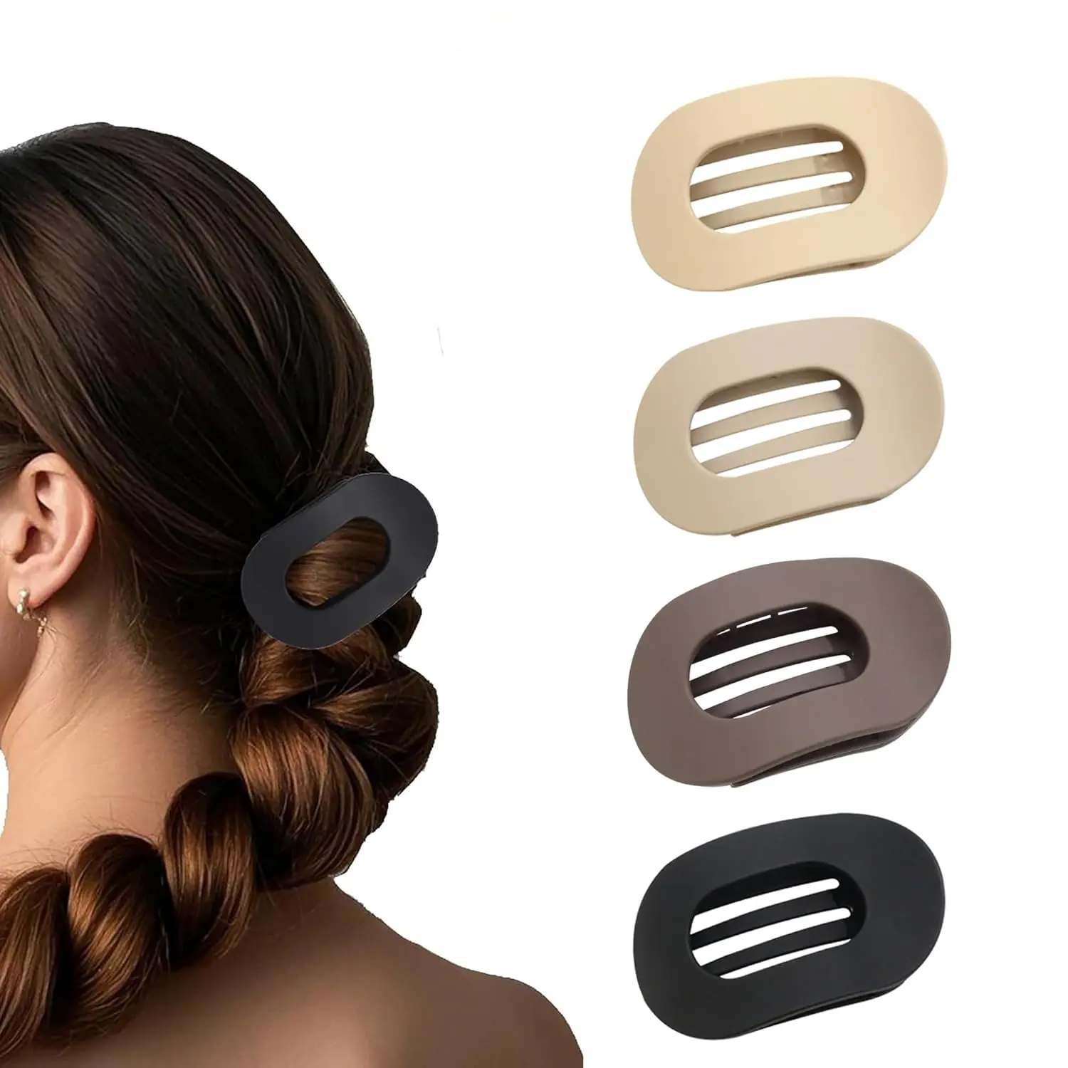 4 Pack Flat Hair Clips Women – Matte Oval French Claw Clips, 3.8 Inch Non Slip Strong Hold Thick & Thin Hair, Lay Flat Design Work Yoga Daily Styling (C)