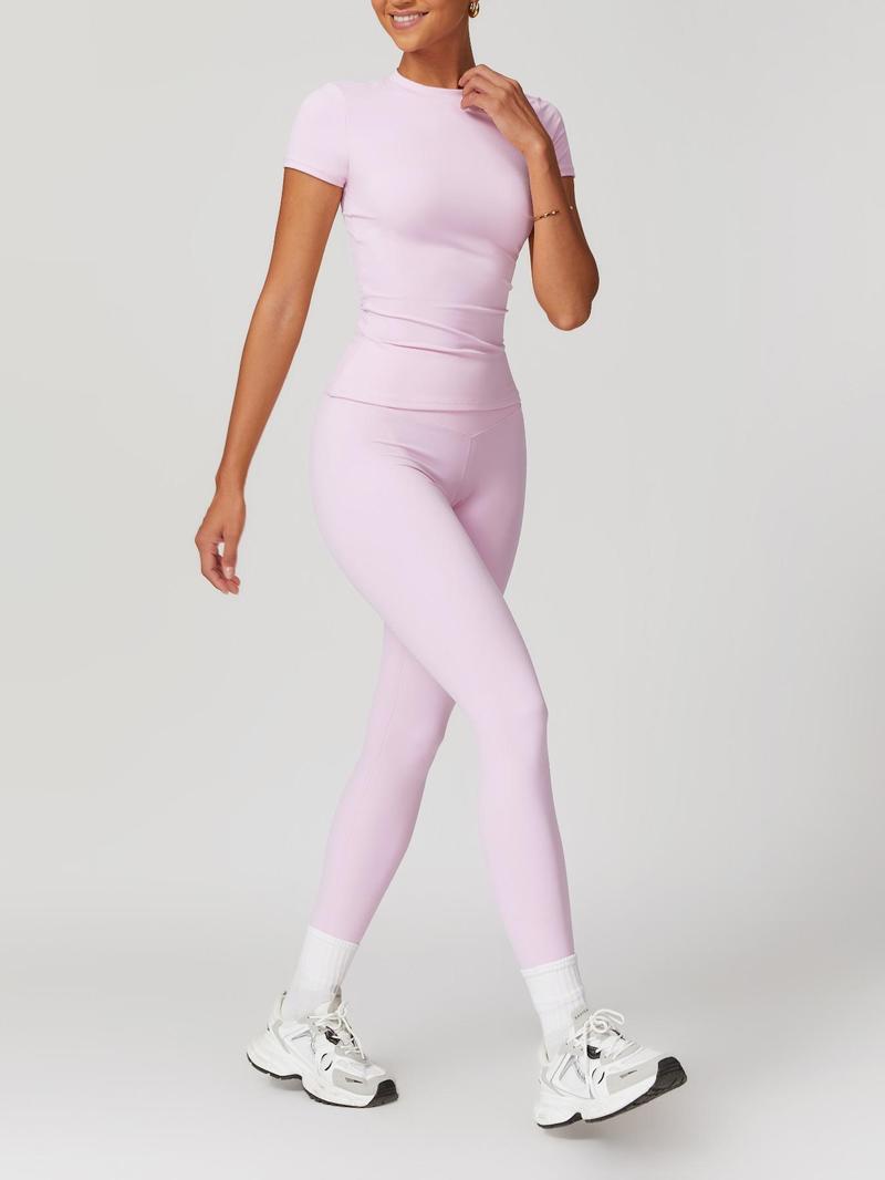 Women's Plain Round Neck Crop Tee & High Waist Leggings Yoga Set, Breathable Quick-Drying Short Sleeve T-Shirt & Skinny Pants Set for Gym Workouts and Running, Ladies' Sportswear for All Seasons, Athleisure Wear