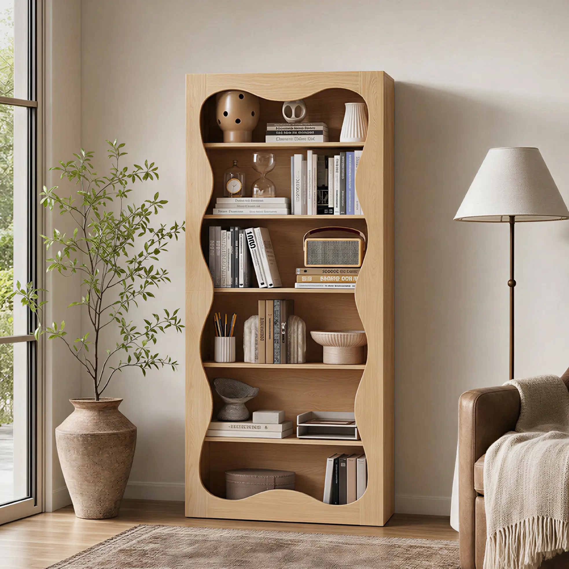 6-Tier Bookshelf with Scalloped Edge, Freestanding Wood Bookcase for Living Room Bedroom Home Office, Large Storage Display Shelf