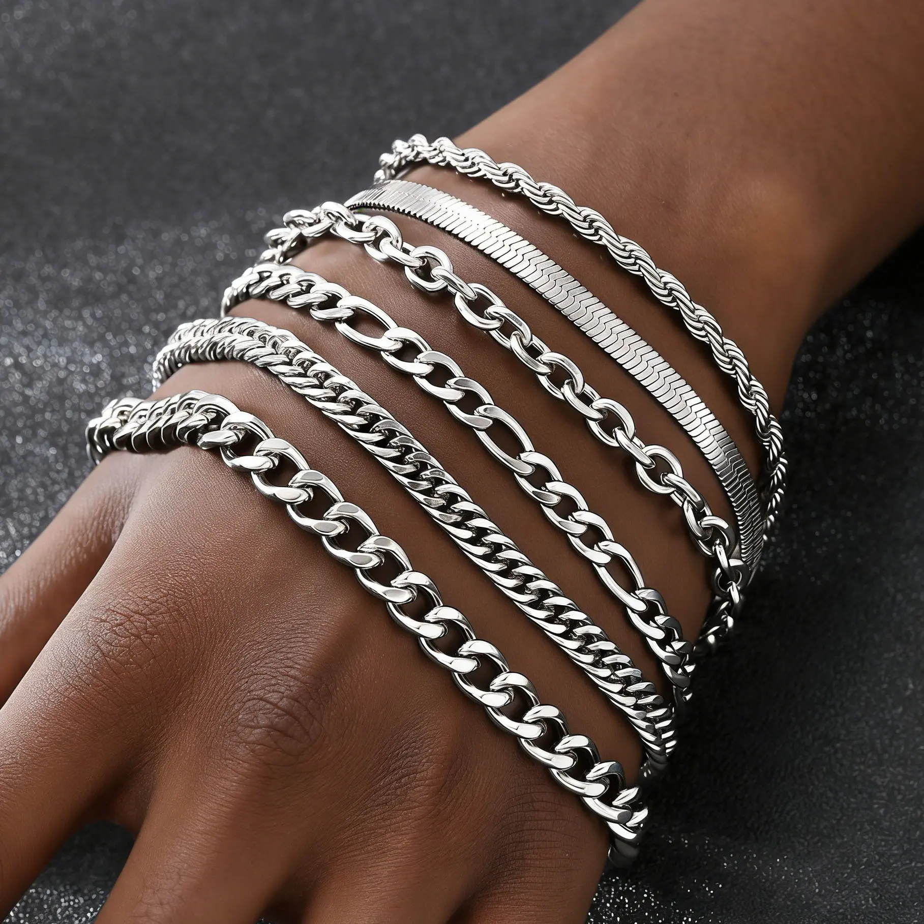 Men's 6-Piece Stackable Unisex Bracelets Set - Tarnish-Free Stainless Steel Cuban Links, Cross Beads, Mix-Match Design, Layered Look, Durable Chain Jewelry Bracelets & Bangles for Date Nights, Metal Chain Link Style