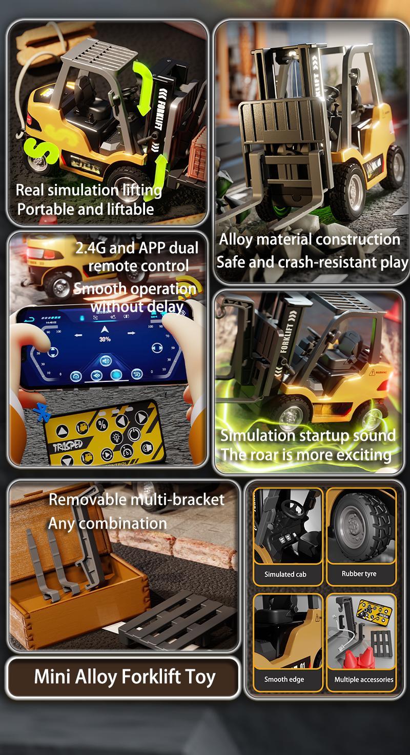 1/64 Mini RC Forklift, Remote Control Excavator, 11 Channel 2 Mode 2.4Ghz Remote Control Alloy Construction Vehicles Set with USB-C Rechargeable, 2 in 1 Transformable Lift Fork & Hook, Birthday Christmas Gift for Kids Adults Boys and Girls