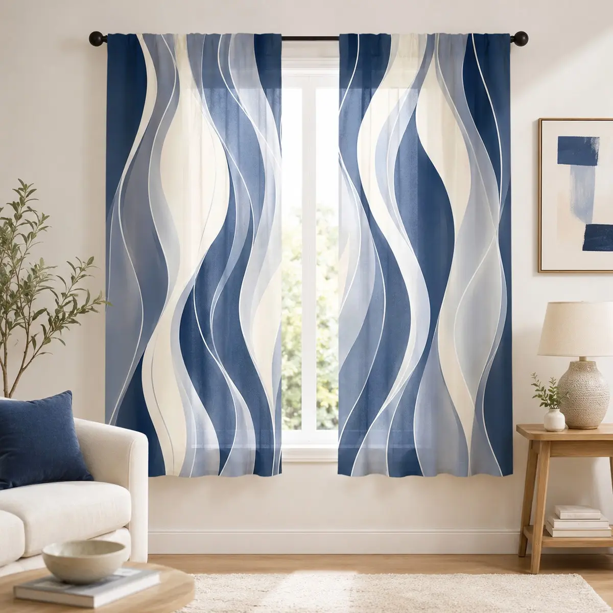 2pcs Semi-blackout curtains featuring a gradient wave pattern in misty blue and navy, accented with a modern, minimalist abstract white line print; made of polyester and suitable for bedrooms, kitchens, studies, cafés, and more; Semi Shading Curtain