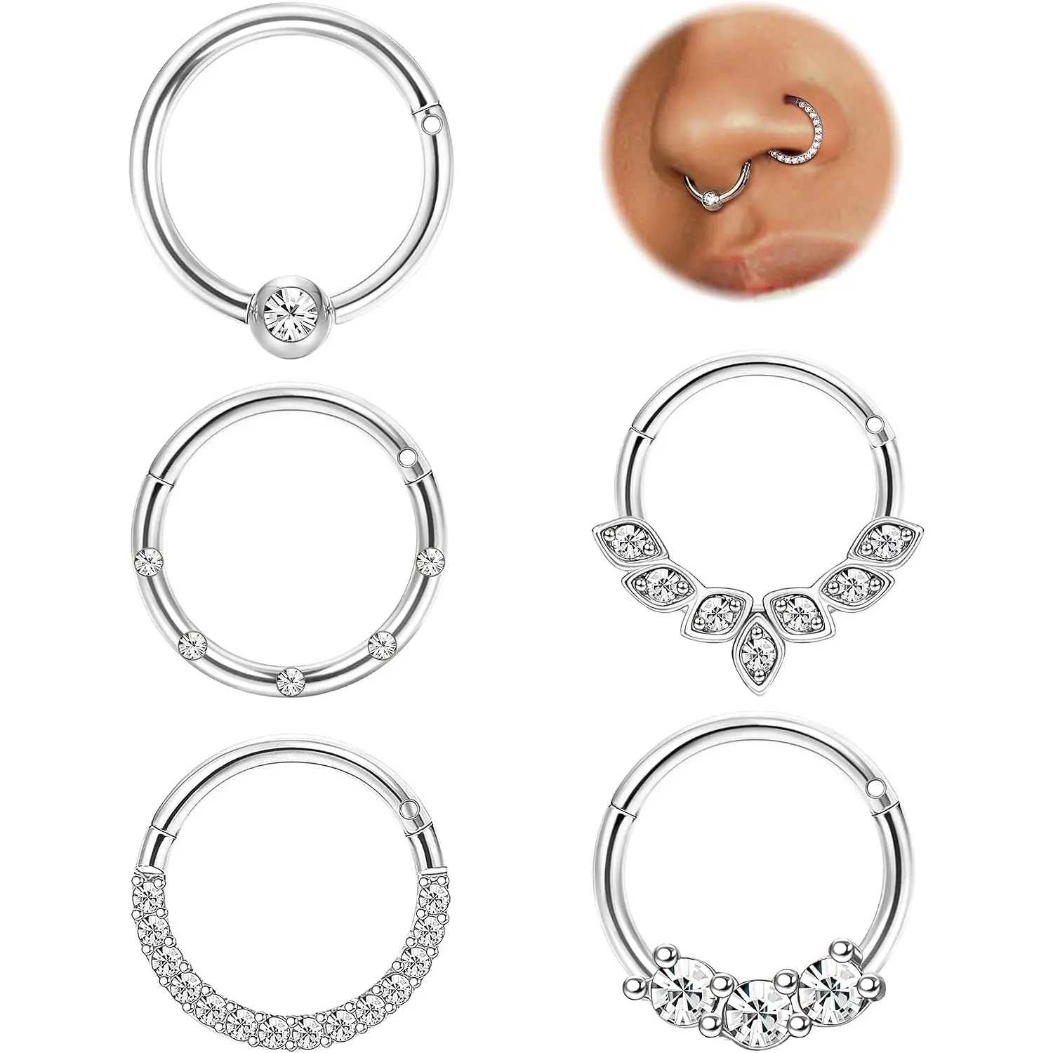 5Pcs 16G Nose Hoops, Surgical Steel Tragus & Septum Piercing Jewelry, CZ Hinged Septum Rings, Hinged Hoops for Septum, Helix, Cartilage, Lip, Conch, 8mm, Unisex