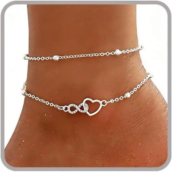 Women's Silver Anklets - Waterproof Dainty Butterfly Infinity Heart Design, Adjustable Plus Sizes for Big Ankles, Beach Wear Female Fit with Metal Coating, Fashion Foot Jewelry