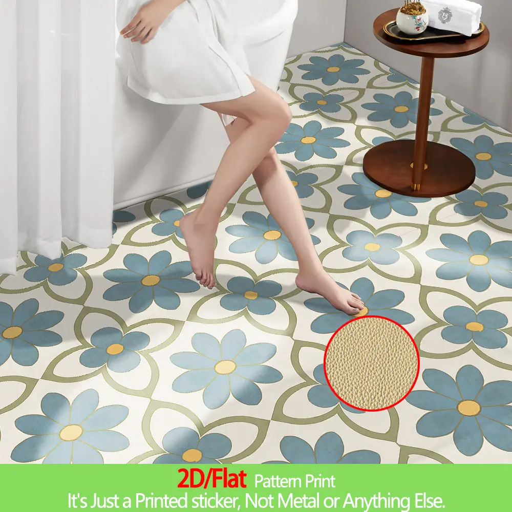 10-Pack, 2D Flat PVC Self-Adhesive Vinyl Floor Stickers, 11.81x11.81 Inches, Blue Floral Pattern, Decorative Floor Stickers for Kitchen, Bathroom, Living Room, Dining Room, Bedroom, Balcony, Waterproof, Wear-Resistant, Easy to Clean, Self-Adhesive