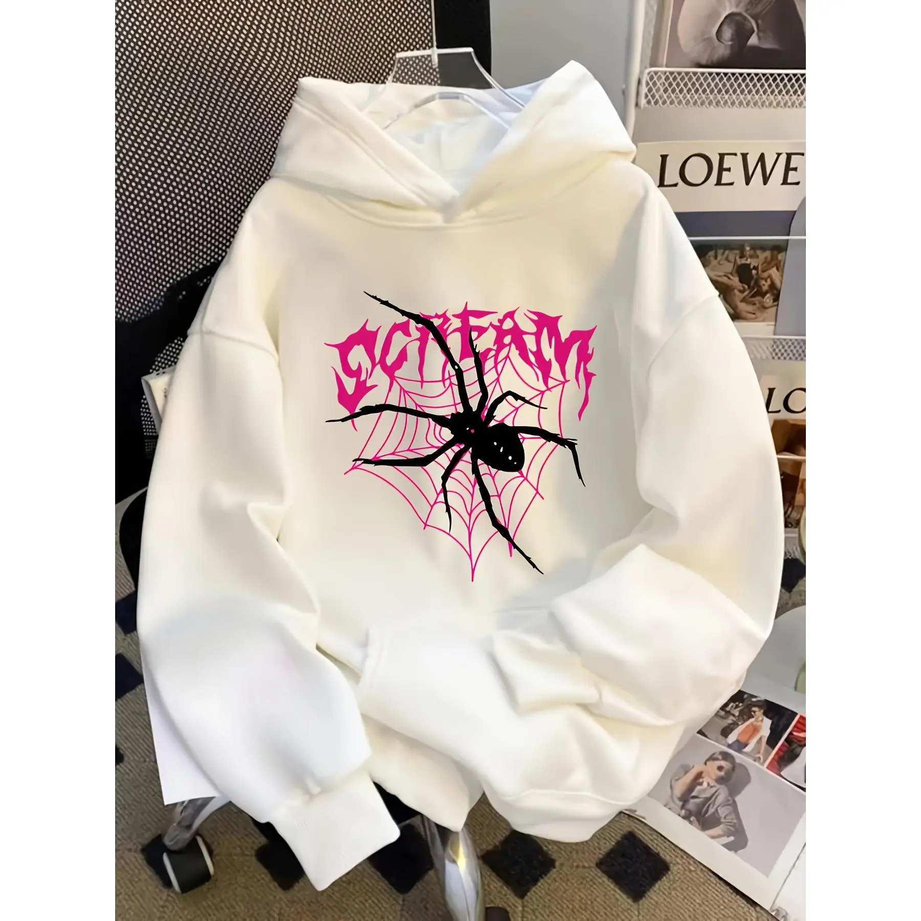 Pink Heart Spider Web Black Spider Gothic Y2K Oversized White Hoodie Soft Fleece Grunge Punk Women Pullover Sweatshirt