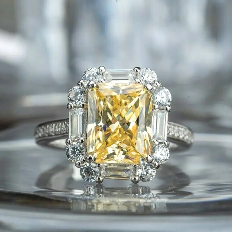 Silver Plated Emerald Cut Yellow CZ Halo Engagement Ring |   Luxury Cocktail Party Statement Ring