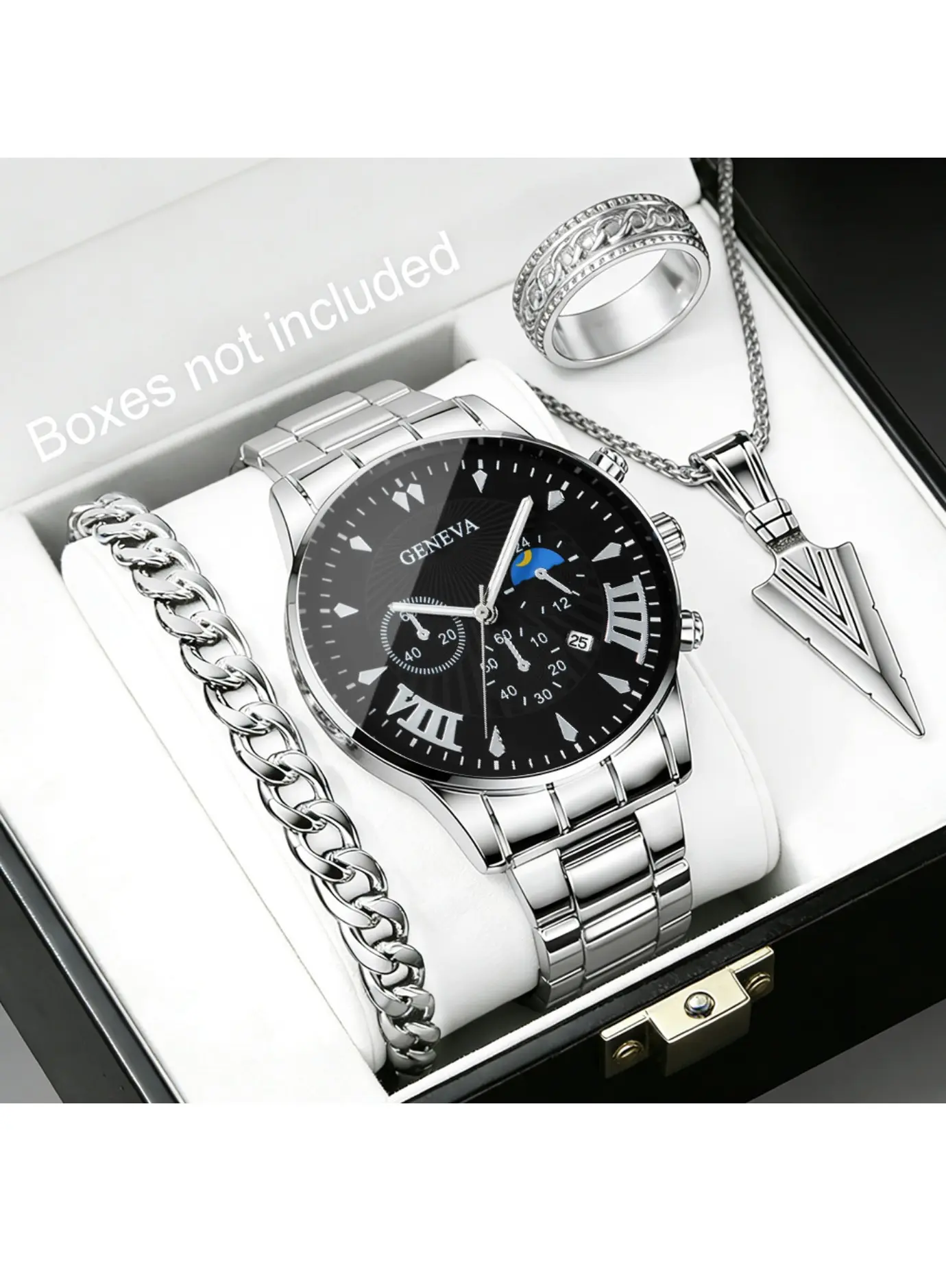 4pcs Men's Business Casual Watch Set, With Calendar, Alloy Round Dial, Bracelet, Ring, Necklace – Ideal Gift for Valentine's Day, Teacher's Day, Birthday, Anniversary & Christmas