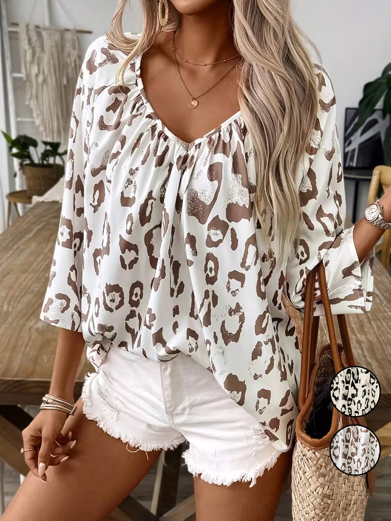 Women's Casual Leopard-Print V-Neck Loose Shirt, Bohemian Style 3/4-Sleeve Blouse, Stylish and Comfortable Top for Daily Wear, Trendy Fashion Apparel