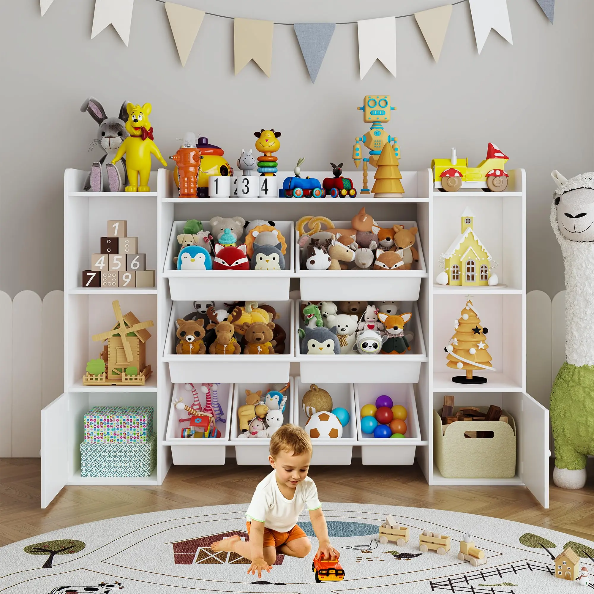 Spacious Kids Toy Storage Bookshelf, with 8 detachable bins and 6 cubbies. Large storage shelf in clean white finish for playrooms, bedrooms and study corners
