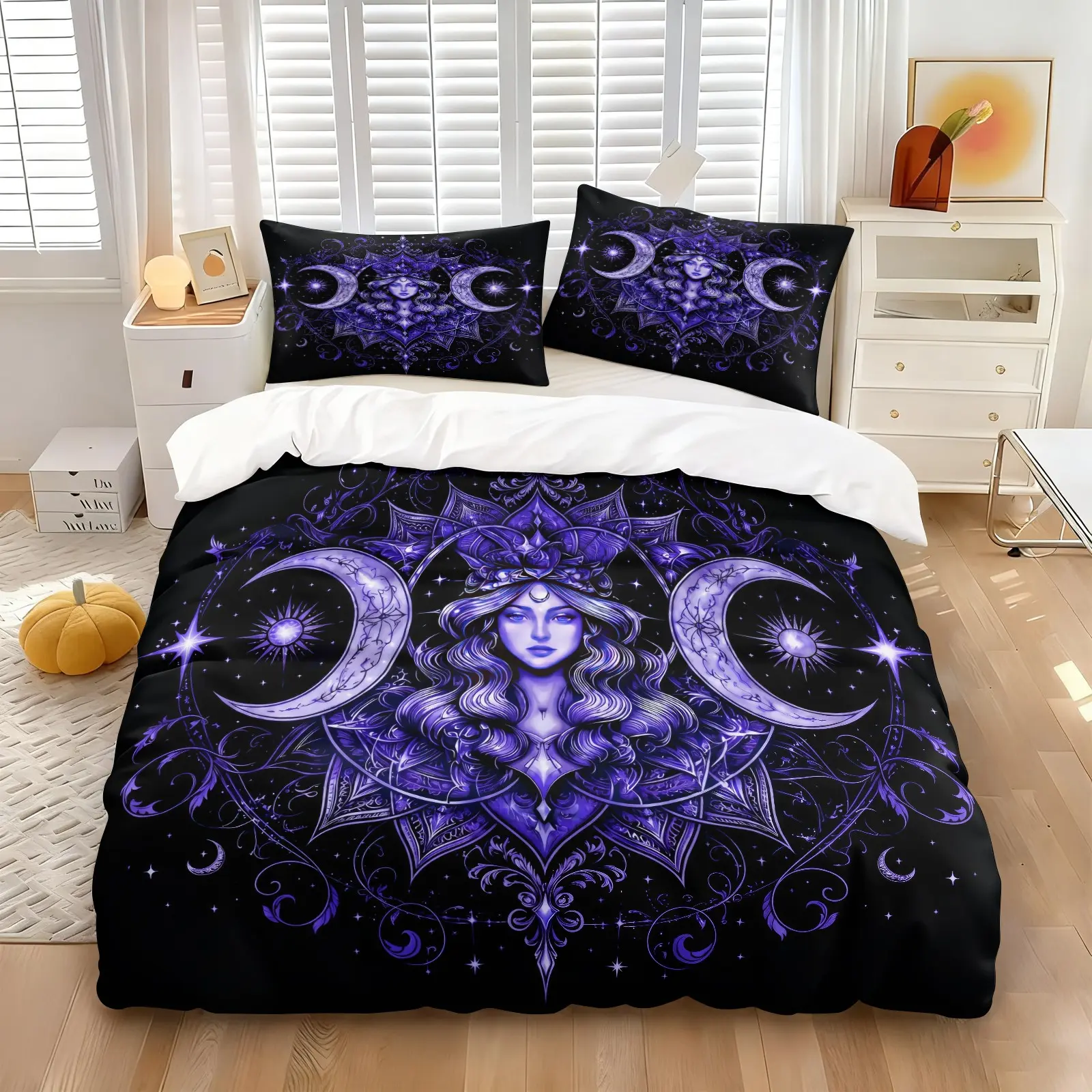 Purple Mystical Astrology Goddess Mandala Duvet Cover Set & 1-2 Coreless Pillowcases, Skin-friendly Breathable Wrinkle Resistant, Soft Comfortable  All Seasons, Dark Celestial Witchcraft Gothic Occult Spiritual Mystic Style Home Decor