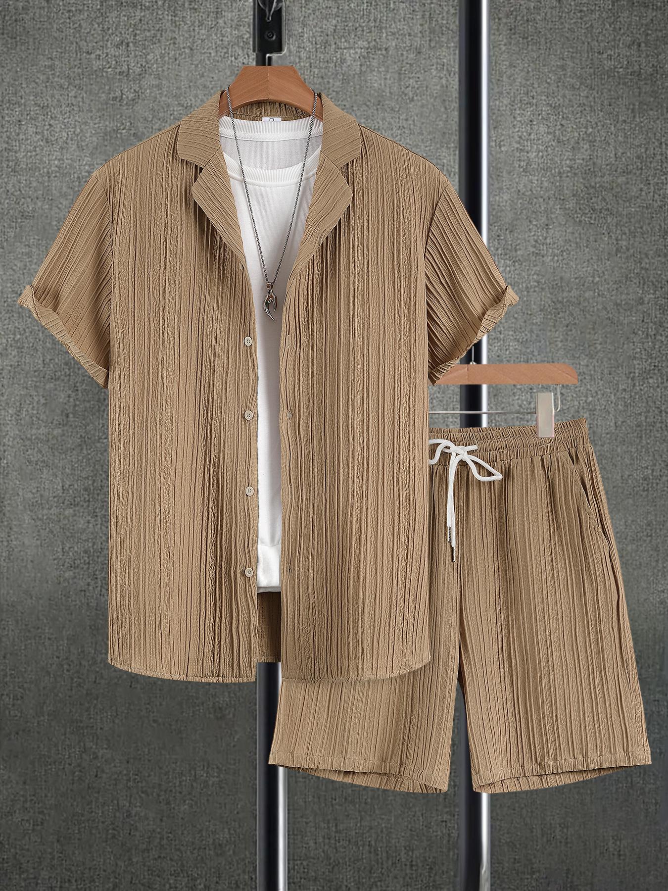 Men's Solid Short Sleeve Top & Shorts Set, Regular Fit Casual Top & Shorts, Men's Summer Clothes, Menswear, Tropical