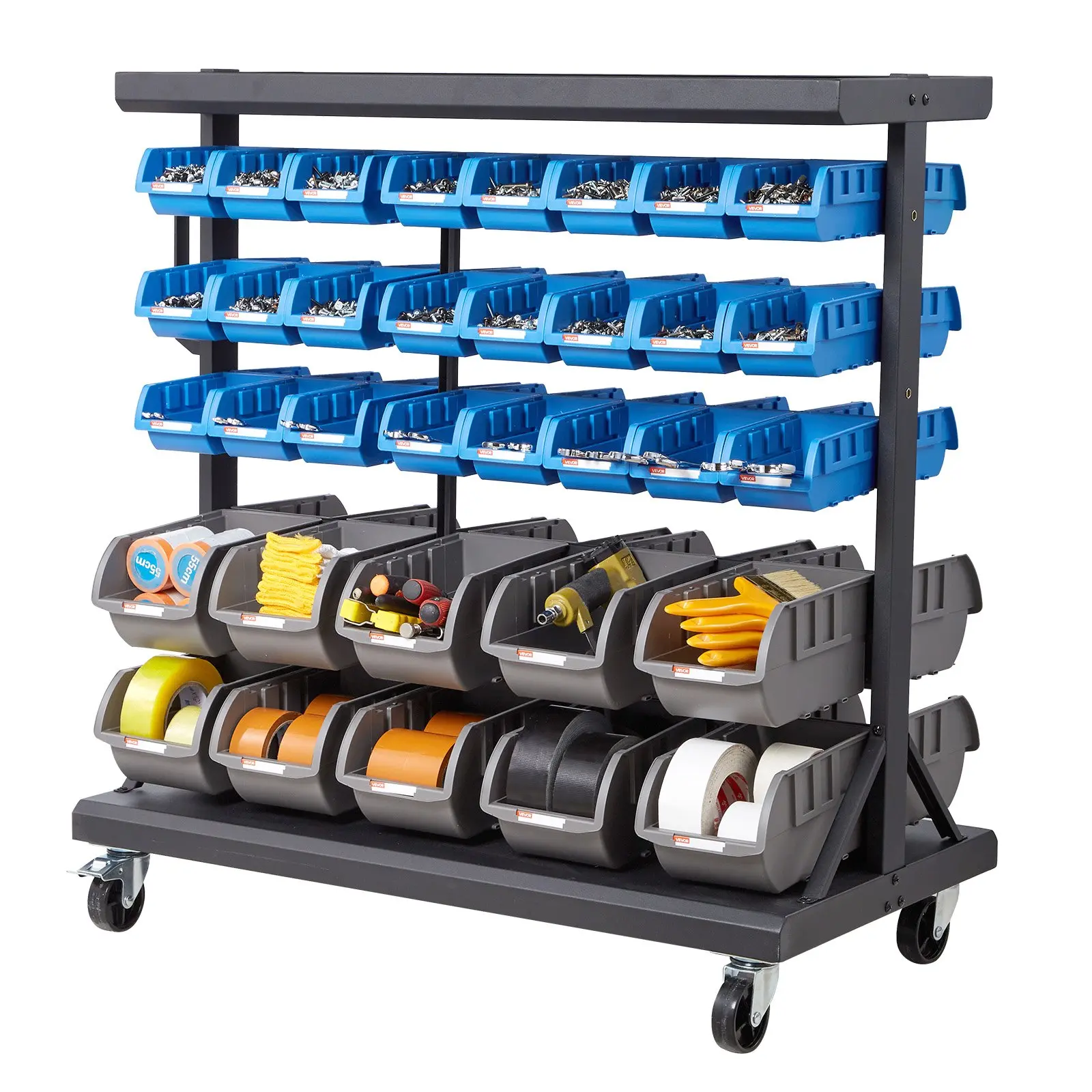 5-Tier Double-Sided Rolling Bin Storage Rack, 68 Organizer Bins, Dual-Sided Parts Organizer with Wheels, Mobile Tool Organizer Plastic Bins for Garage, Warehouse, Office, Restaurant, Classroom