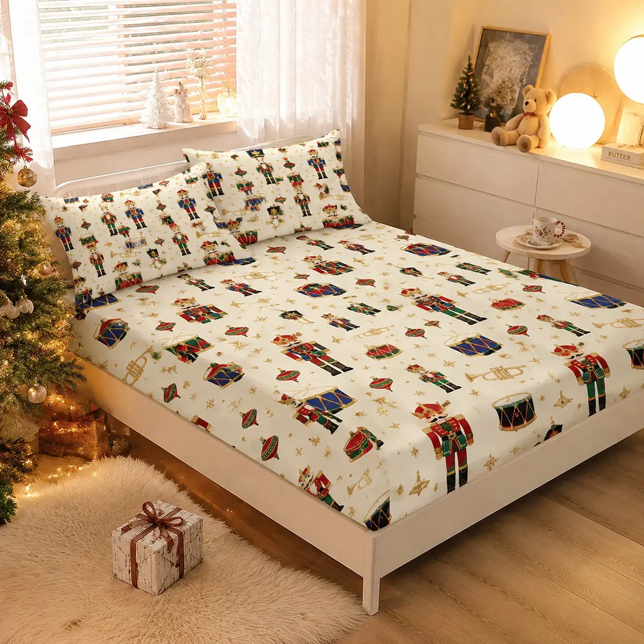 3 Piece Nutcracker Soldier Bed Sheet Set, Elastic Full Cover, Soft Polyester, Christmas Theme, Fits Most Mattresses, Vintage Holiday Decor, Decorative Bedding