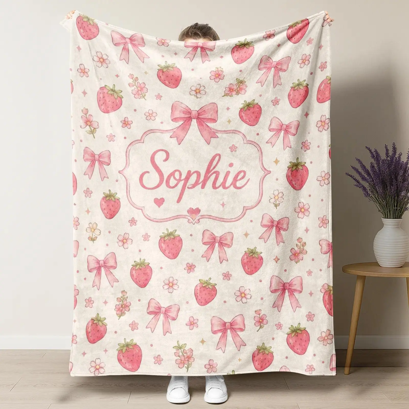 Custom Name Pink Strawberry Bow Flannel Throw Blanket - Cute Coquette Bows & Berries Personalized Fleece Bedding for Girls Room & Gift Decor