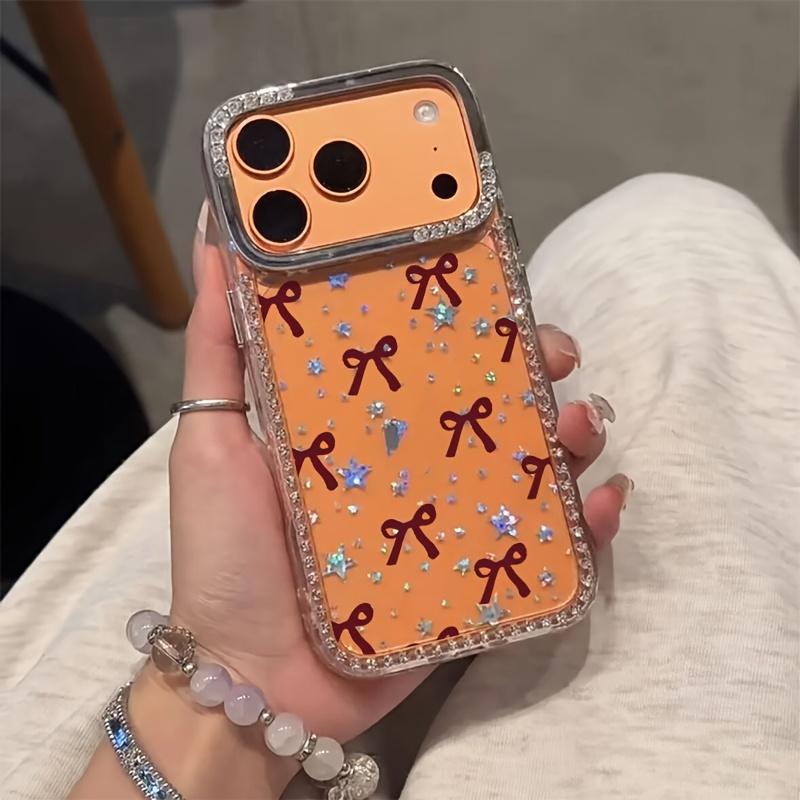 Wine-red bow pattern, transparent rhinestone frame with star design, shockproof, sparkling protective case, compatible with iPhone 17, 16, 15, 14, 13, 12 and other models. Makes a great gift for friends or family.