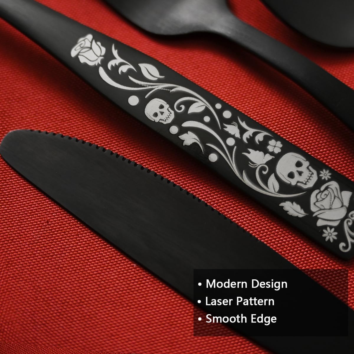 20- Matte Black Silverware Set for 4, Skull Rose Cultery Set 18/0 Stain Finish Stainless Steel, Gothic Skeleton  Decorative Flatware Set, Daily Halloween Party Event Serving For 4