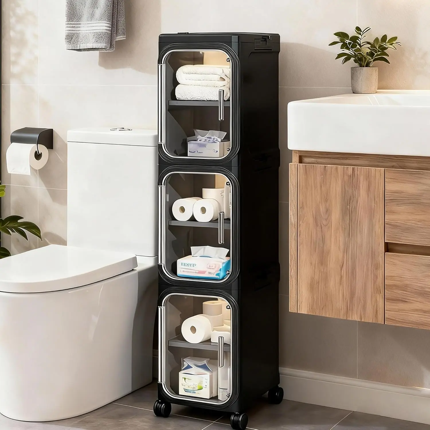 4-Tier Rolling Slim Storage Cabinet on Wheels, Adjustable Shelf Narrow Organizer for Bathroom Kitchen Laundry