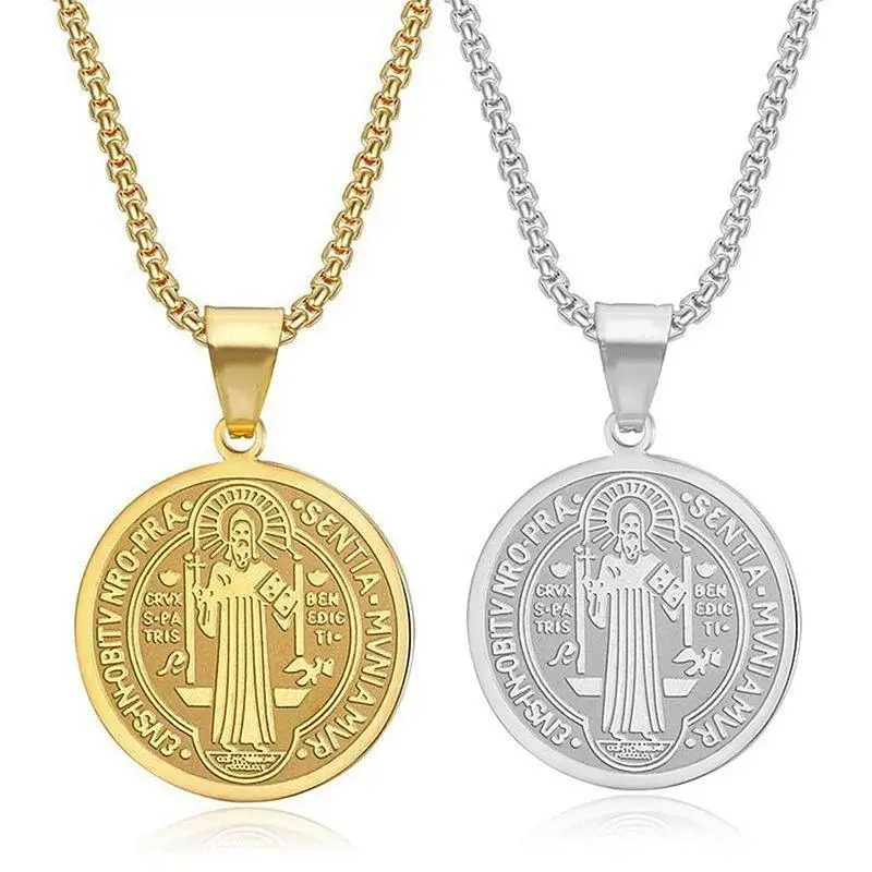 YQ 316L Stainless Steel Saint Benedict Pendant Necklace For Men Women Religious Medal Accessories