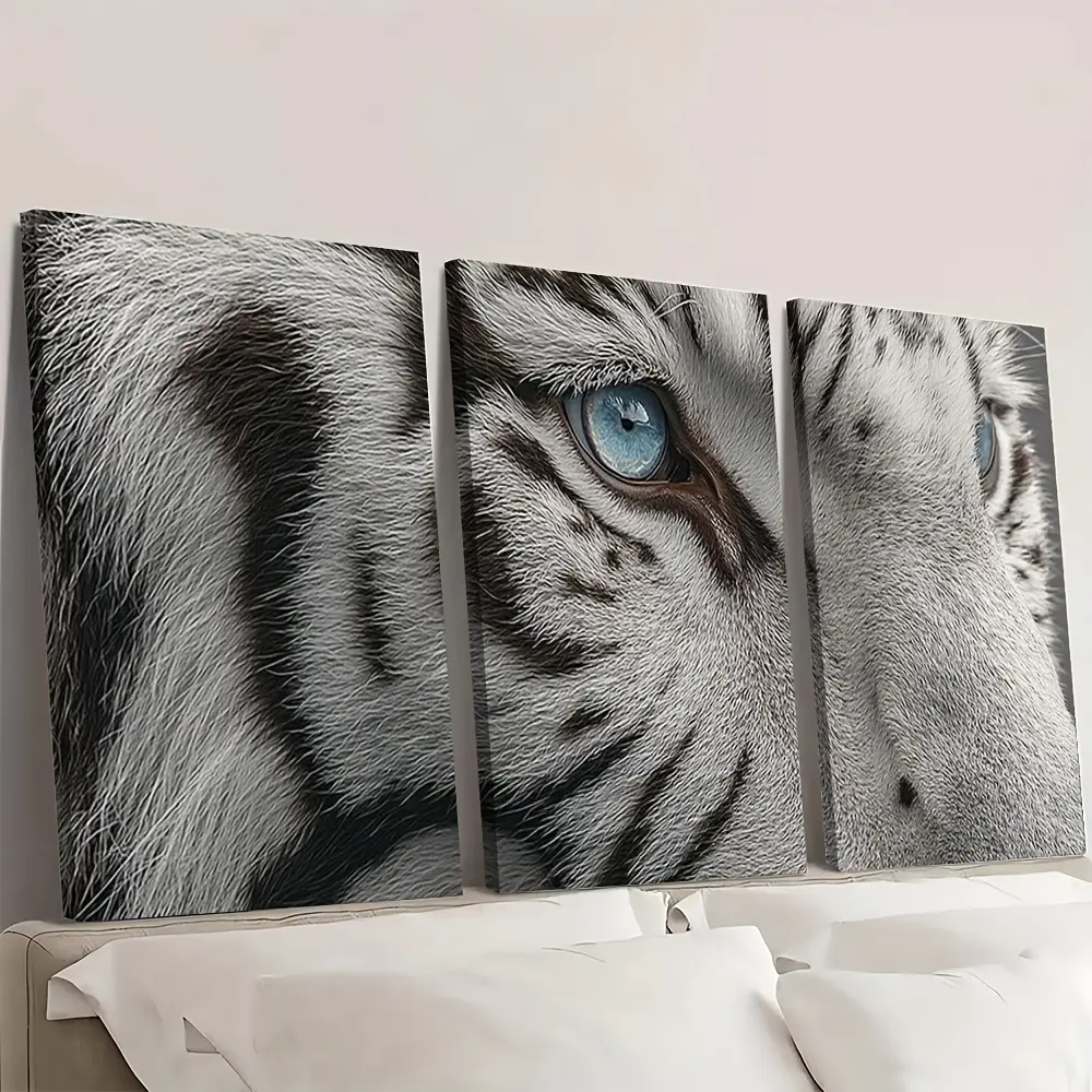 Black and White 3-Piece Framed White Tiger 2D Canvas Wall Art (15.7x23.6in) - Oversized Premium Gallery Frame, Wrinkle-Resistant Eco-Friendly Hanging Decor, Plaid Herringbone Marble Accents, Sun Protection for Minimalist Modern Home, Office